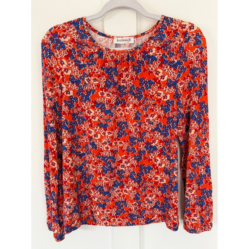 Kettlewell Women's Long Sleeve Top Floral Blue Red Orange Jersey‎ Boho Chic M